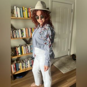 Striped Button Up with Floral Stitch Pattern